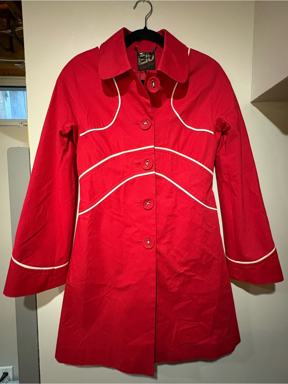 Ellabee Design Vintage Red Women's Piped Button-Up A-Line Coat